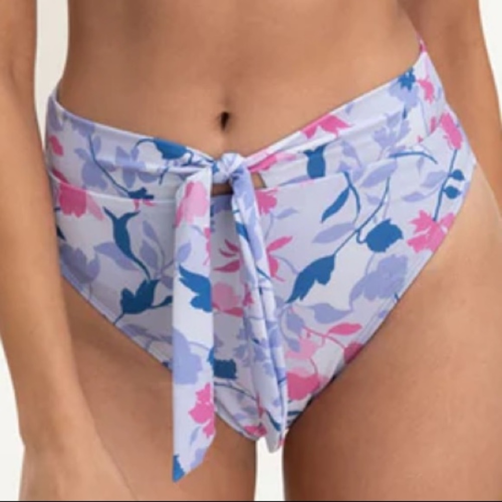 Splendid Floral Flurry Tie-Front Bikini Bottom High Leg Pant Sz L NWT Blue Pink